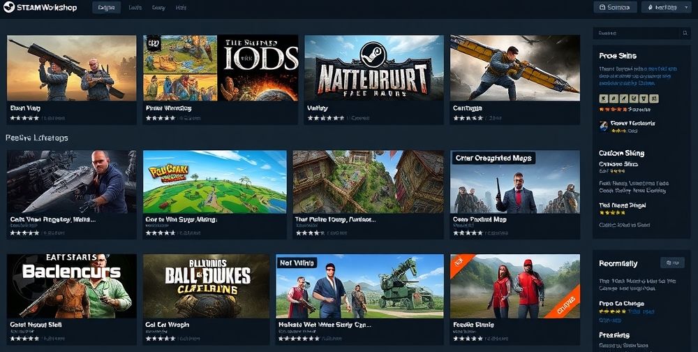 A detailed collage showing diverse Steam Workshop mods for popular games, with vibrant icons, creative user-generated maps, custom skins, and community ratings, set against a dark gaming interface.