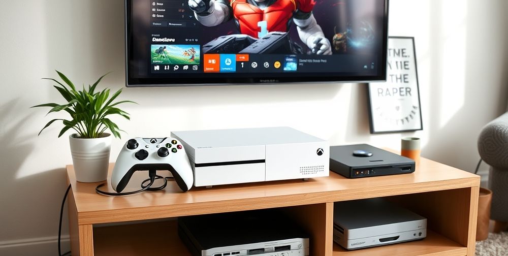 A bright living room scene centered on a modern TV stand, with a clean, well-maintained Xbox console beside its original controller, a labeled power protector, and neat cable management. A small houseplant and gaming poster complete the cozy, organized setup.