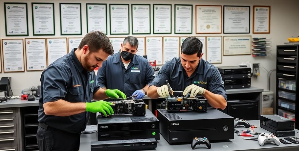 A professional repair workshop featuring certified Xbox technicians in uniform, carefully examining Xbox console internals on a clean workbench with official tools and unopened spare parts. Certificates and customer testimonials on the wall build trust in the background.