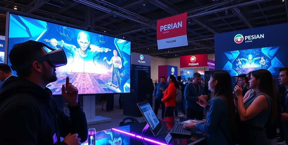 A dramatic digital scene: Iranian video game developers presenting a new AI-powered game at a tech expo, visitors engaged with VR headsets, futuristic holographic visuals, Persian branding visible, showing innovation and pride.