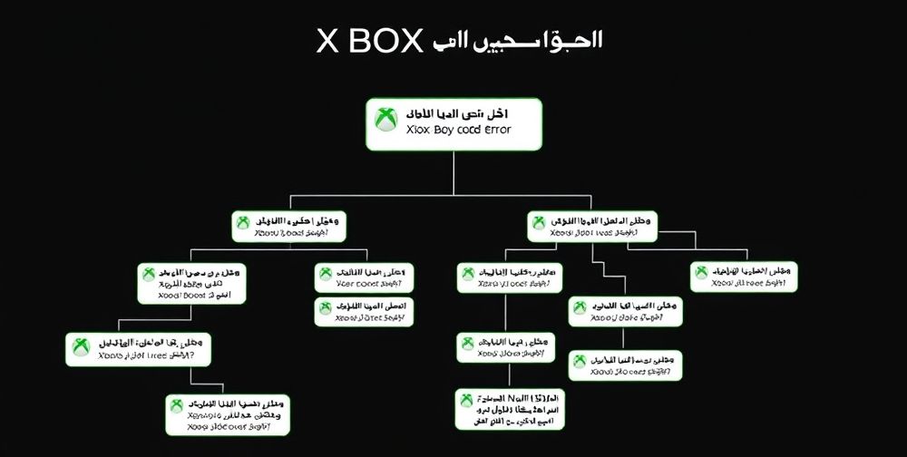An illustrated flowchart showing Xbox error codes branching to various solutions. Each branch includes icons for network, hardware, user accounts, and update issues. There are clear “step-by-step” suggestion bubbles in Persian, all in a sleek, gamer-friendly design.