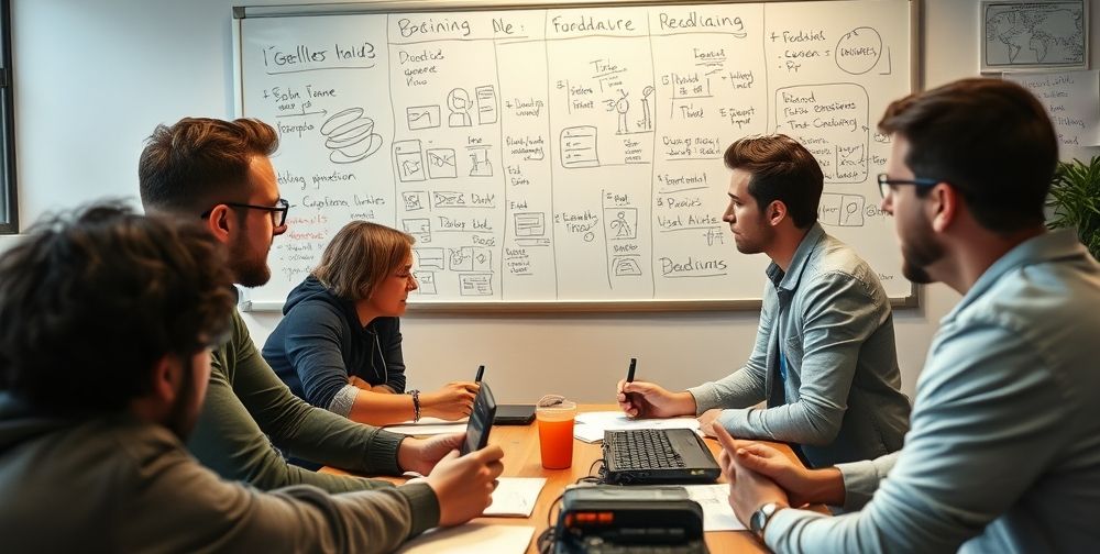 A focused game development team brainstorming around a whiteboard filled with sketches and code, visible stress and excitement as deadlines approach, mixed emotions of anticipation and anxiety reflecting the realities and hurdles faced on the path to winning game awards.