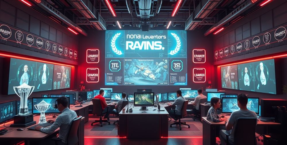A futuristic gaming studio filled with holographic awards, digital leaderboards, and passionate developers working on immersive VR games, symbolizing the ongoing evolution and promise for future award-winners in the global gaming industry.