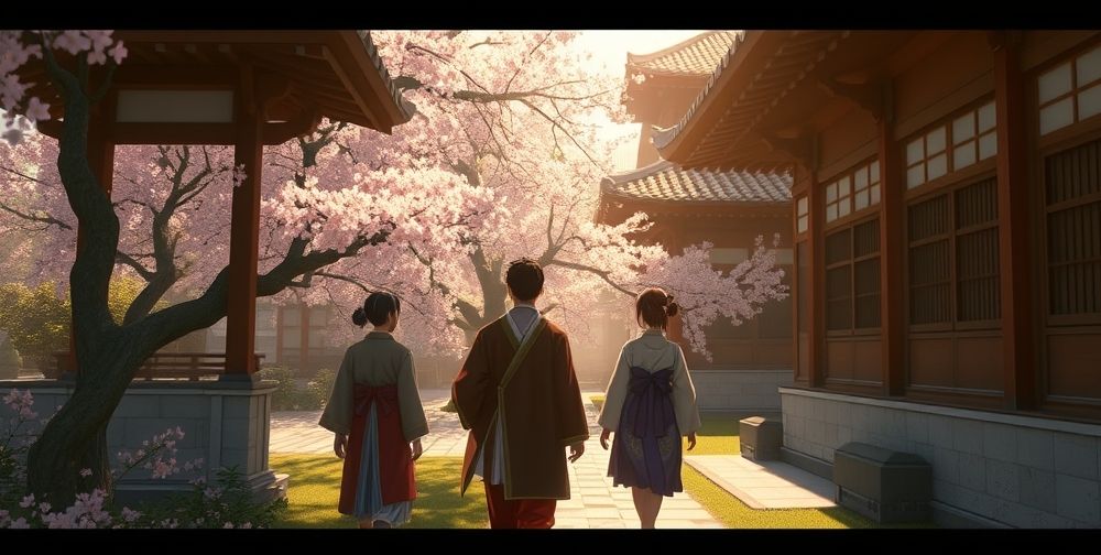 A richly detailed screenshot from a story-driven PlayStation game, featuring characters in traditional Japanese attire walking through a blossoming cherry garden—sunlight filtering on ancient temple rooftops, illustrating immersive cultural storytelling.