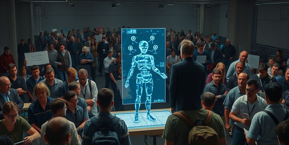 A poignant concept art of a crowded job fair with displaced game writers and artists, while a gleaming holographic AI assistant stands on stage, hinting at the encroachment of AI in creative industries.