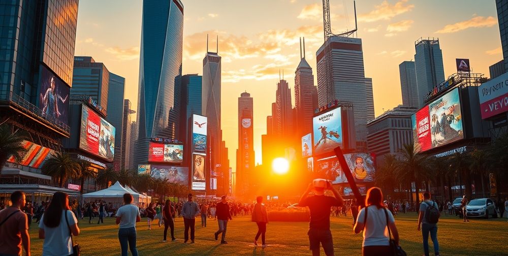 A visually stunning future cityscape at sunset with towering glass buildings, digital billboards advertising upcoming games, diverse gamers playing in open parks with AR/VR devices, all conveying excitement and technology-driven optimism.