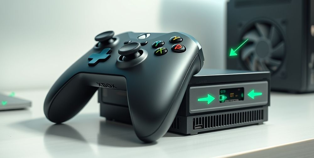 A close-up, high-resolution technical illustration of an Xbox controller, hard drive, and cooling fan placed on a clean, well-lit desk. Subtle arrows show airflow and storage management.