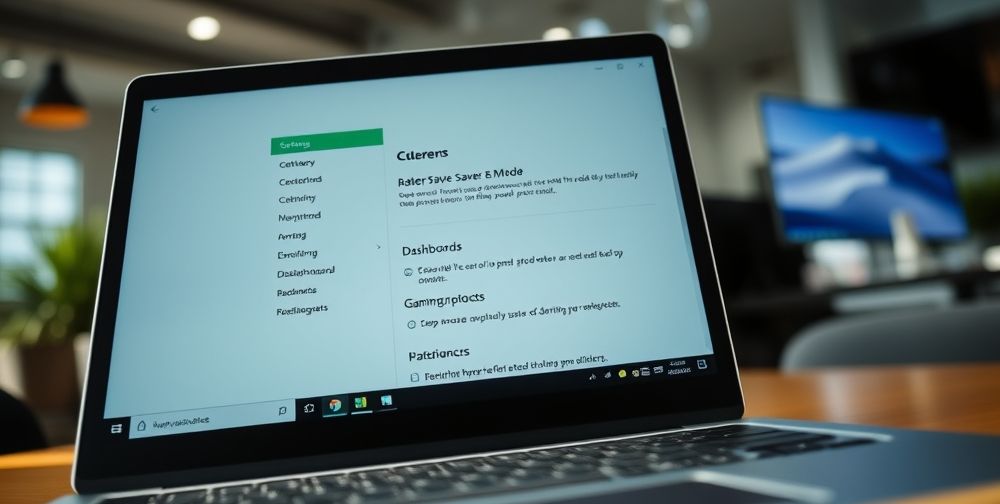 Close-up of a laptop’s Windows settings interface showing battery saver mode enabled, gaming dashboard open, and hardware monitoring tools visible on the side. Natural daylight, modern workspace.