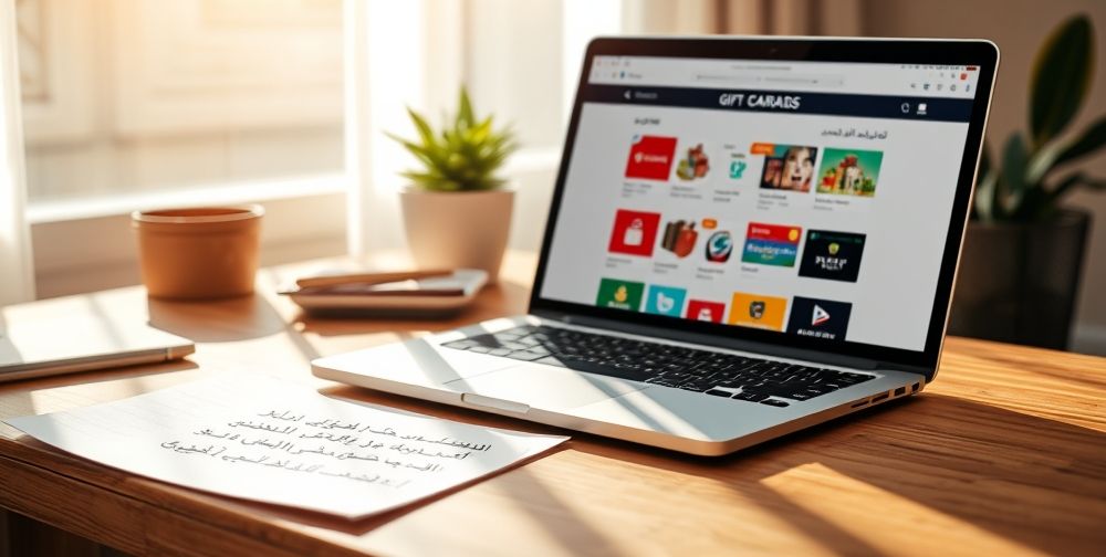 An inviting workspace with a laptop opened to a Persian language gift card website, multiple colorful digital gift card codes visible on the screen. Next to the computer, a hand-written note in Farsi tips for safe purchasing, modern vibe, sunlight streaming in.