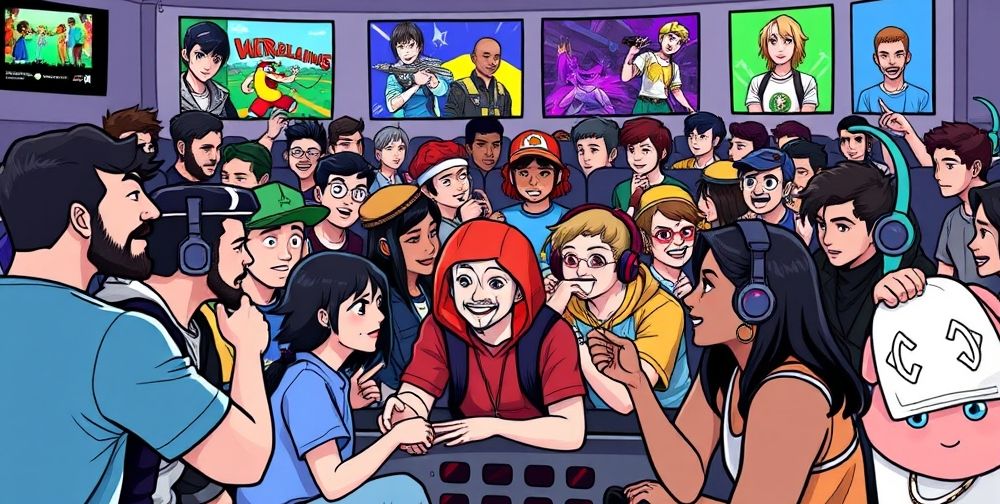 A dynamic scene of diverse video game fans interacting in a lively online Discord channel themed with colorful avatars, digital art banners, and real-time group conversations about the latest gaming tournaments and releases.