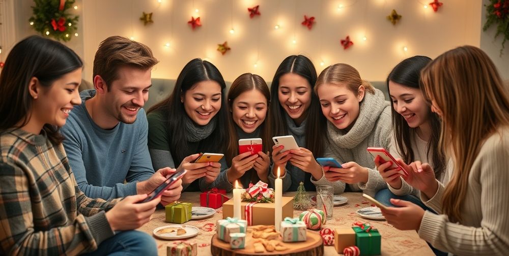 A cozy family gathering where young adults and teens excitedly redeem digital gift cards received via mobile apps on their phones, surrounded by digital devices and gift icons, creating an atmosphere of warmth and connectivity.