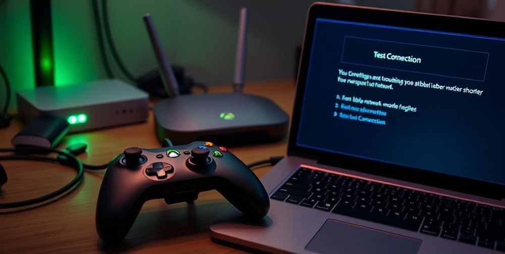 Detailed image of a gamer’s desk featuring an Xbox controller, networking cables, a glowing router, and a laptop displaying Xbox network troubleshooting steps, highlighting a “Test Connection” screen.