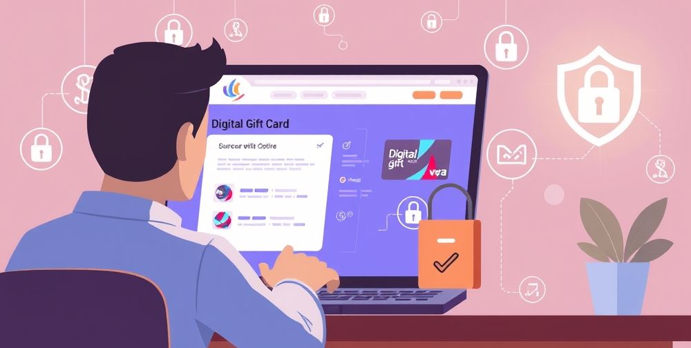 A secure online shopping scenario with a checklist: a person buying a digital gift card from an official website while checking authenticity signs, surrounded by digital security icons and a reassuring atmosphere.