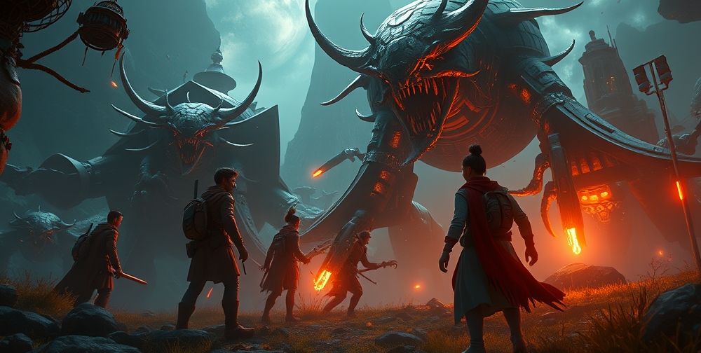 A dramatic scene from a creative video game featuring characters encountering an AI-driven, ever-changing game world. Rich environmental details, dynamic lighting, and a blend of sci-fi and fantasy elements highlight the merging of human artistry and artificial intelligence.