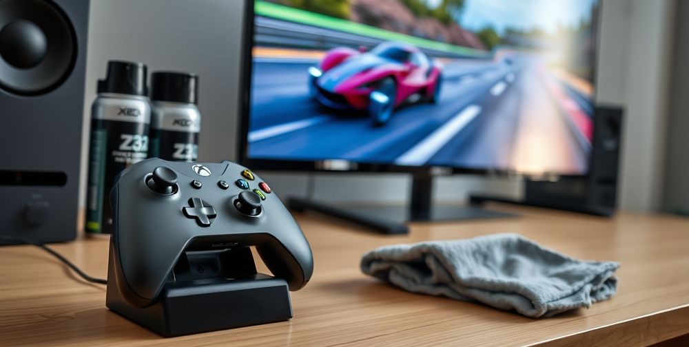 A clean, well-organized gaming setup showing an Xbox Series X controller on a charging stand, a soft microfiber cloth, canned air for dust removal, and a modern flat-screen TV displaying a dynamic racing game.