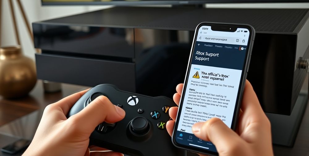 A detailed close-up shot of an Xbox console error code screen, showing a hand holding a controller and a smartphone with the official Xbox support page open. Modern furnishings, reflections, and a sense of troubleshooting in progress.
