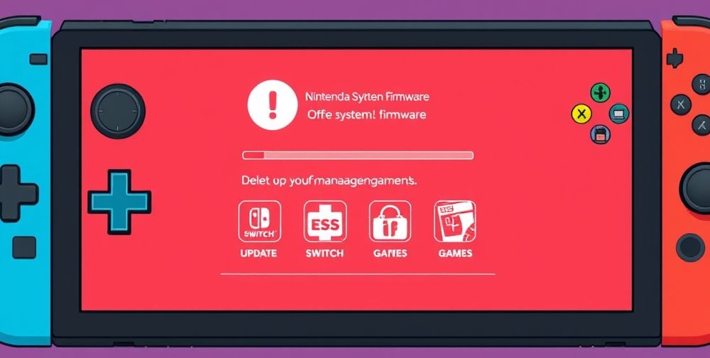 A digital illustration of a gamer updating the Nintendo Switch firmware, with clear visual icons showing the system update process, and safe game management steps like deleting unused games. The screen displays clear update progress bars and organized menus.