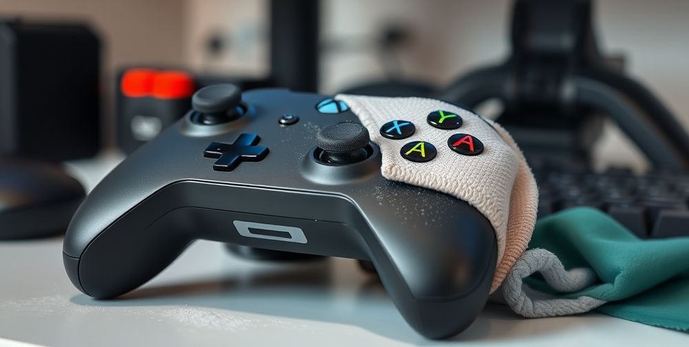 A close-up shot of an Xbox Series X controller placed on a clean gaming desk, with visible dust particles being wiped off by a soft microfiber cloth. The background shows blurred gaming accessories, emphasizing the importance of careful hardware maintenance.