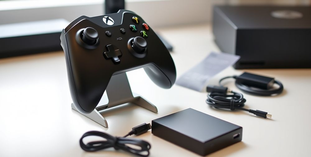 A bright, modern gaming setup featuring a well-maintained Xbox Series X controller on a stylish stand, surrounded by organized accessories such as neatly coiled charging cables and original rechargeable battery packs. This scene highlights the role of organized storage and proper care in prolonging controller life.