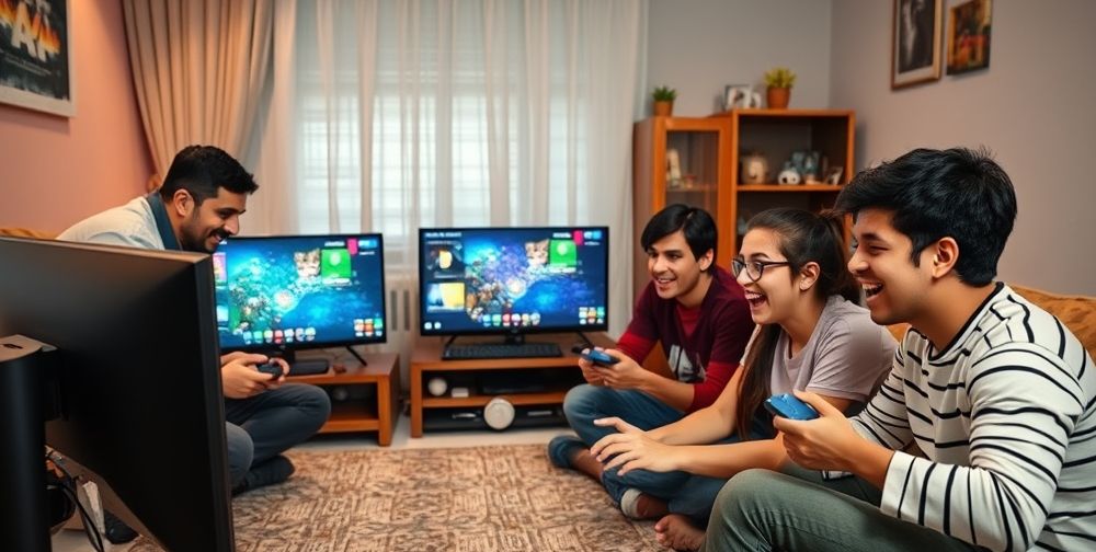 A family of Persian gamers in a home setting, with parents supervising and setting parental controls on Steam, while teenagers laugh and play together on multiple monitors; colorful game icons and friendly UI elements are visible.
