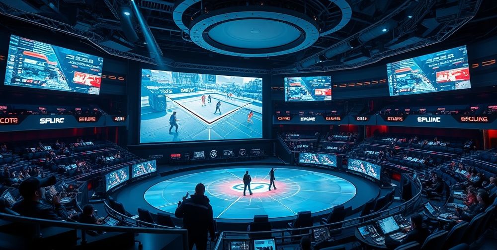 A futuristic eSports arena with a dynamic in-game scene projected, showing AI-controlled NPCs engaging with human players across various platforms. The environment is high-tech, with holographic screens analyzing player data and machine learning models.