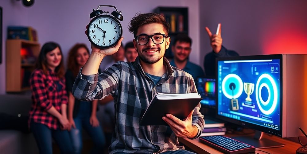A split scene of a gamer balancing a digital clock, academic books, and a cheerful group of friends, all around a modern gaming PC with vibrant lights and virtual trophies on the screen.