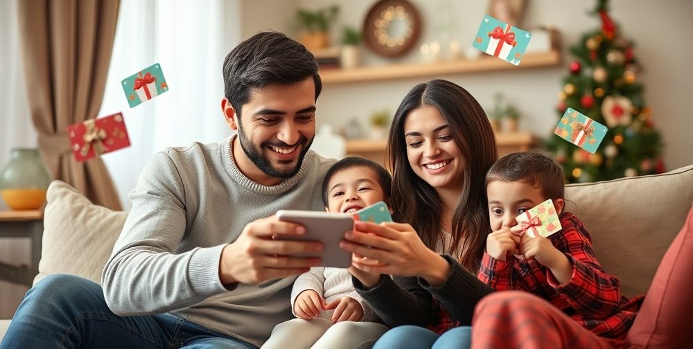 A cheerful young Iranian family happily opening an email on a smartphone in a cozy living room setting, with vibrant digital gift card images floating around to express the joy of receiving e-gift cards.