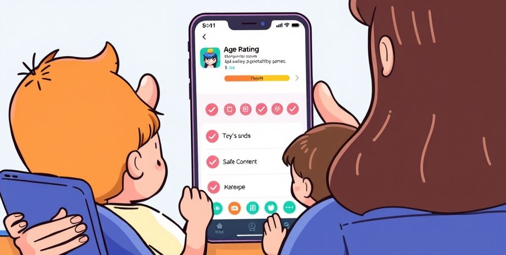 A detailed infographic showing parents and kids reviewing a mobile game’s age rating and parental controls on the app store screen, with check marks on safe content, in a clean cartoon style for families.