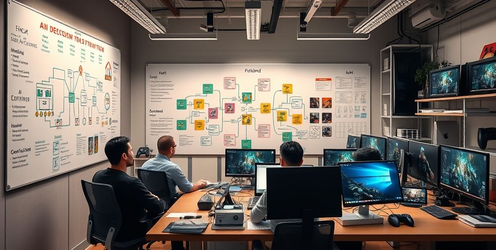 A highly realistic game development studio office with Iranian and international developers collaborating. Whiteboards filled with AI decision trees, diverse gaming consoles, concept art of AI-driven game characters, and dynamic computer screens.