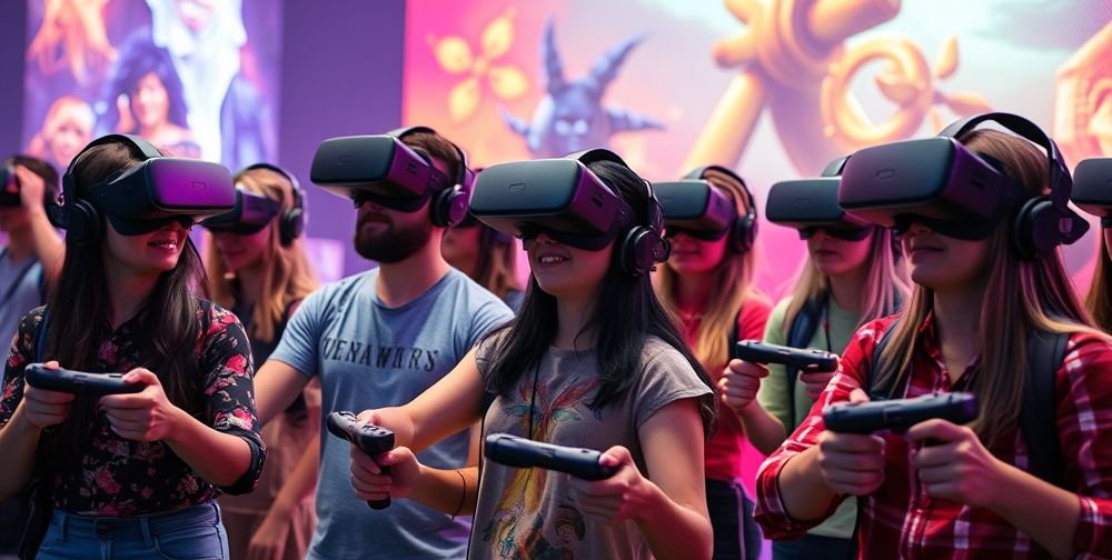 A diverse group of gamers using advanced VR headsets and motion controllers, surrounded by vibrant, AI-generated game environments blending fantasy and realism, highlighting immersive personalization.