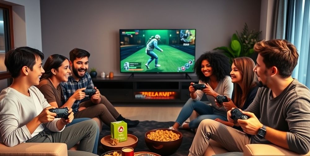 A group of diverse gamers of different ages and genders in a modern living room, each holding the 2025 Xbox controllers, visibly excited while playing a competitive co-op game on a large television, with snacks and ambient lighting enhancing the friendly atmosphere.