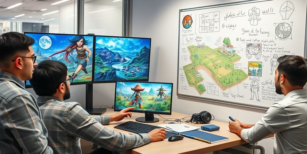 A group of young Iranian game developers collaborating in a modern Tehran office, surrounded by large monitors displaying vibrant 3D landscapes and character models for a fantasy game, with a whiteboard filled with creative sketches and notes.