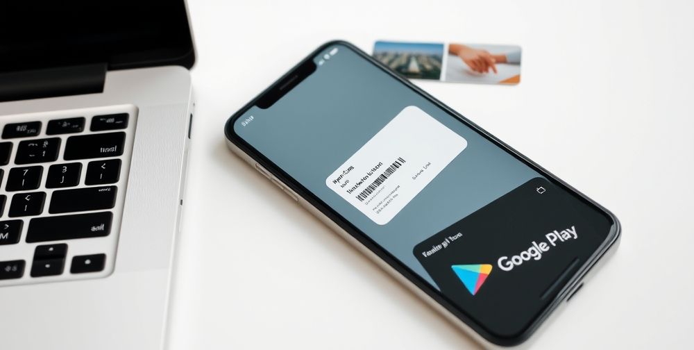 A close-up, crisp image of a smartphone and a laptop on a white desk, showing a user entering a digital gift card code into the Apple App Store and Google Play Store simultaneously, with website tutorial screenshots visible in the background.