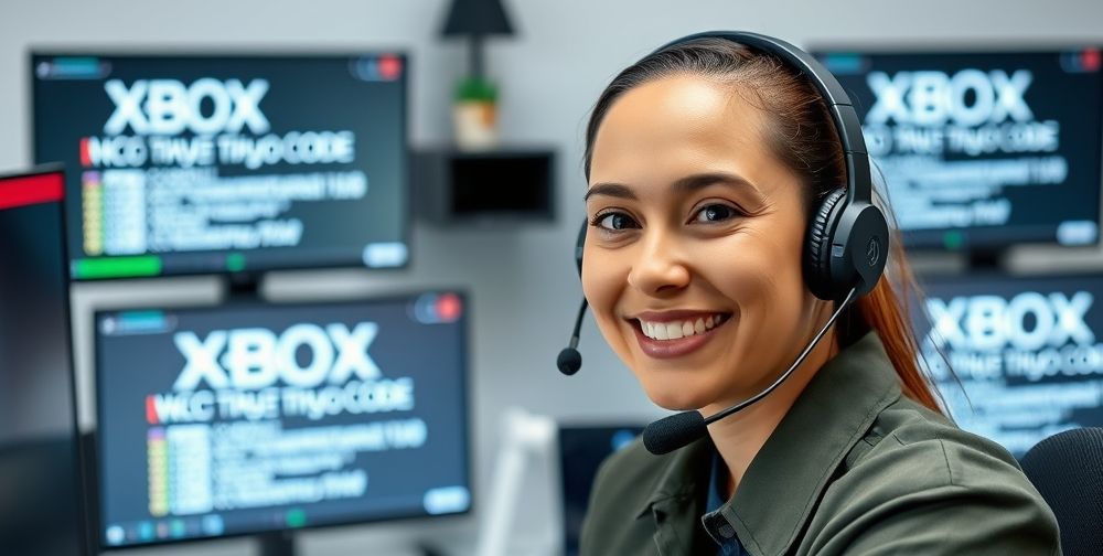 A close-up shot of a support representative wearing a headset, friendly and attentive, at a modern tech workspace decorated with Xbox merchandise. Behind, screenshots of Xbox error codes on monitor displays, illustrating real support process in action.