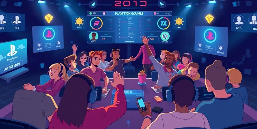 A dynamic online gaming tournament interface featuring diverse avatars chatting over headsets and exchanging high-fives, surrounded by digital badges, animated scoreboards, and user profiles glowing in vibrant colors, symbolizing the sense of achievement and shared camaraderie within the PlayStation online community.