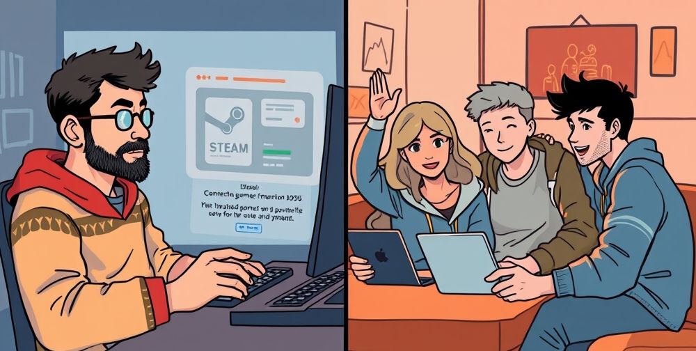 A split-screen digital illustration: One side shows an Iranian gamer struggling with connection issues and payment problems on Steam; the other side features friends gaming together, celebrating a successful Steam purchase and download.