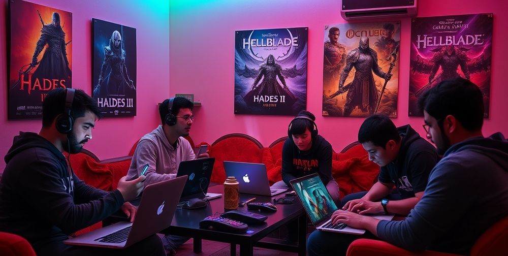 A cozy indoor scene with a group of Persian gamers excitedly checking release date announcements on their laptops and smartphones, posters of upcoming games like Hades II and Hellblade II on the walls, vibrant RGB lighting setting a modern mood.
