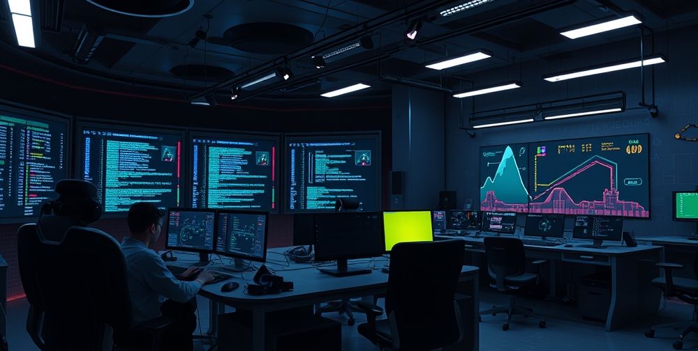 A futuristic control room where developers work side-by-side with advanced AI systems to tweak and balance a video game, showing complex code and virtual realities on large screens. Next to them, a nostalgic pixel-art game studio displays simple code and cheerful retro graphics, evoking the simplicity of non-AI games.