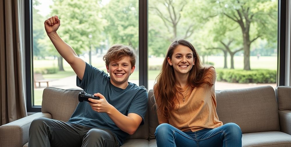 Two teenage friends pausing a PlayStation game, stretching and smiling, with large windows revealing a park outside, symbolizing the importance of balancing video games and real-life physical activity for overall well-being.