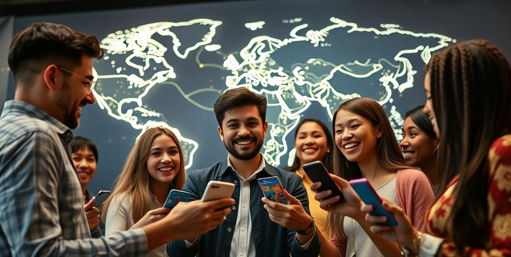 A diverse group of international users happily exchanging digital gift cards on their smartphones, a world map with glowing connection lines in the background, demonstrating global digital commerce.