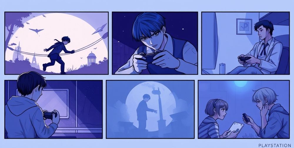 A detailed storyboard showing different emotional moments in iconic PlayStation games: a character overcoming an in-game struggle, a player immersed and holding a controller, and visual cues of joy, sadness, and triumph. Soft blue and purple lighting for a reflective mood.
