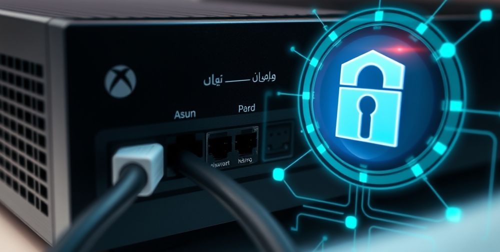 A detailed technical close-up of a modern Xbox console with network cables connected, showing the settings screen with language set to Persian, and overlay digital graphics illustrating internet stability and secure connections.