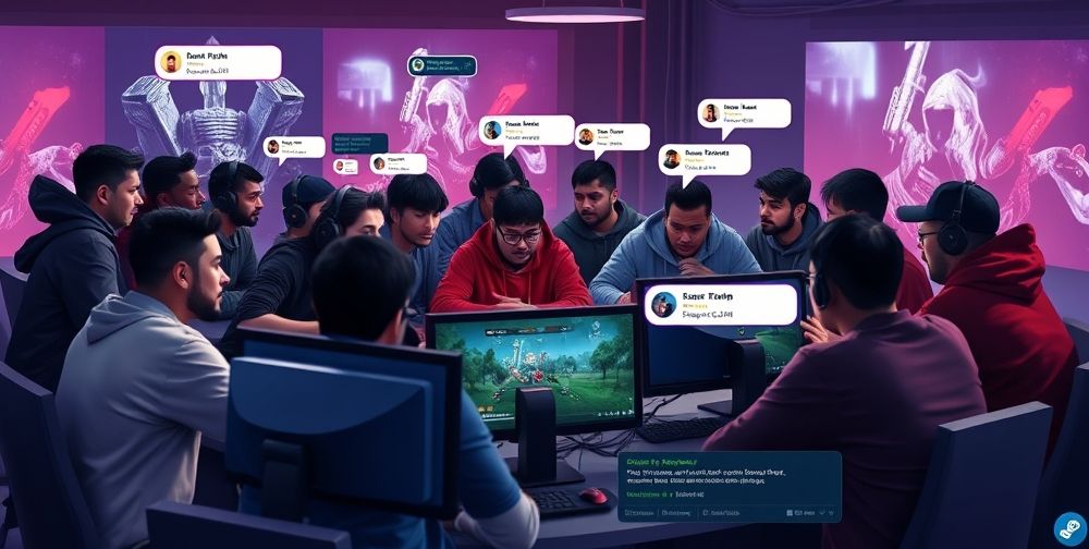 A group of diverse gamers gathered around monitors, discussing strategies, sharing tips on a Steam group forum with digital chat bubbles and screenshots from online games.