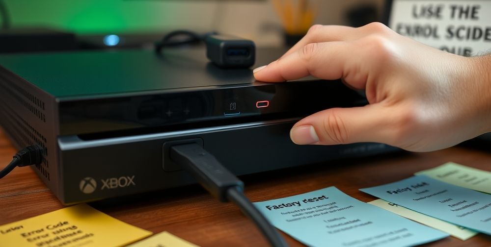 A close-up of an Xbox console with power indicators, a USB device connected, showing a hand performing a factory reset using on-screen system settings, surrounded by helpful error code guides and post-it notes with code numbers, in a cozy, tech-savvy workspace.