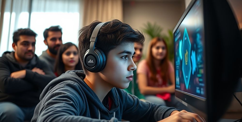 A close-up shot of a Persian teenager, headphone on, fully immersed in an intense PlayStation esports competition on a high-definition screen. Family members watch in the background, some concerned, others proud. The setting is modern, with subtle Iranian decor accents.