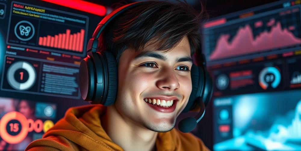 A close-up of a smiling gamer wearing headphones, immersed in a high-tech room with responsive AI-driven interfaces showing personalized gaming stats, recommendations, and emotional feedback.