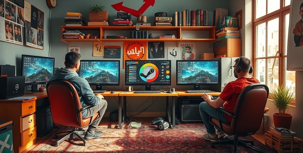 A colorful workshop scene showing Iranian gamers modding a popular Steam game, computer screens filled with creative mods, and a Persian rug under their workspace. Sunlight filters in from a window, casting warm tones.