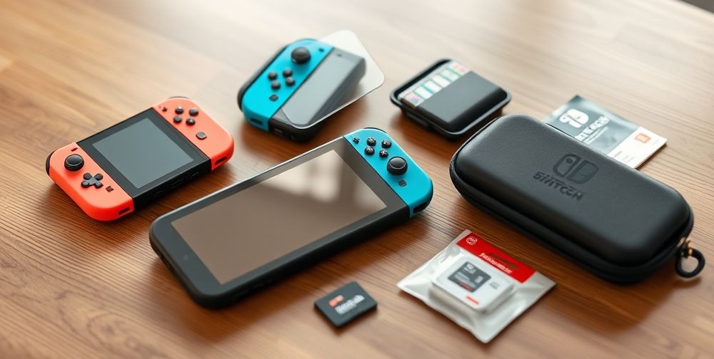 A close-up shot of Nintendo Switch accessories laid out on a wooden desk: Joy-Con controllers in multiple colors, a glass screen protector, a stylish carrying case, and a microSD card package. Soft daylight highlights product details.