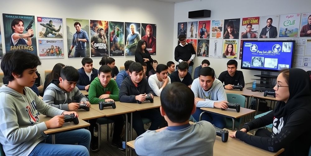 An immersive classroom setting with teens using PlayStation consoles, collaborating on an educational game in Persian, surrounded by posters of famous games and teachers facilitating group discussions, highlighting experiential learning.