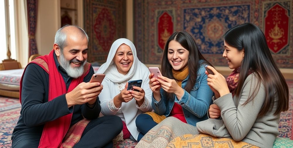 A cheerful Iranian family and young adults exchanging digital gift cards on their smartphones, vibrant Persian carpets, and joyful atmosphere, highlighting the multicultural and universal appeal of digital gifting.